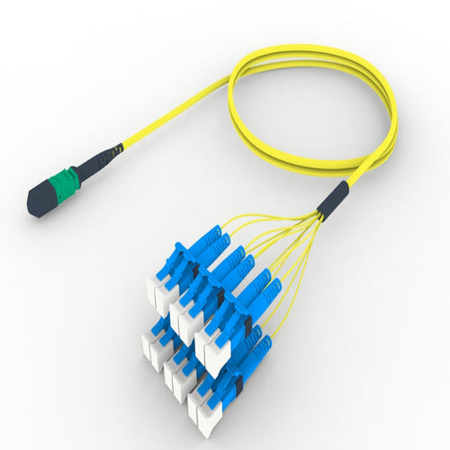 Câble fanout fibre optique MTP/APC femelle vers 4x LC/APC duplex OS2 monomode jaune LSZH 9/125 G.652.D breakout datacenter