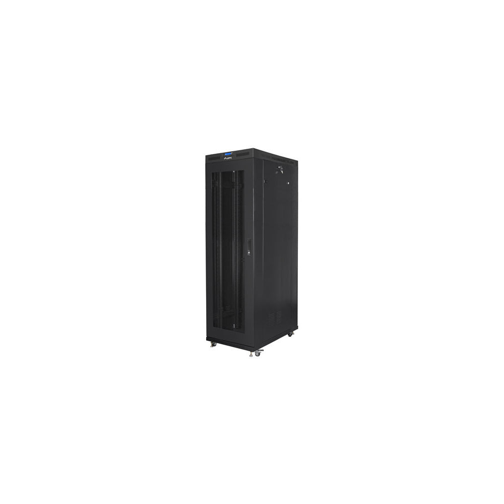 Baie serveur 42U 19 pouces 800 × 1200 noire sur pieds avec porte maillée perforée et écran LCD