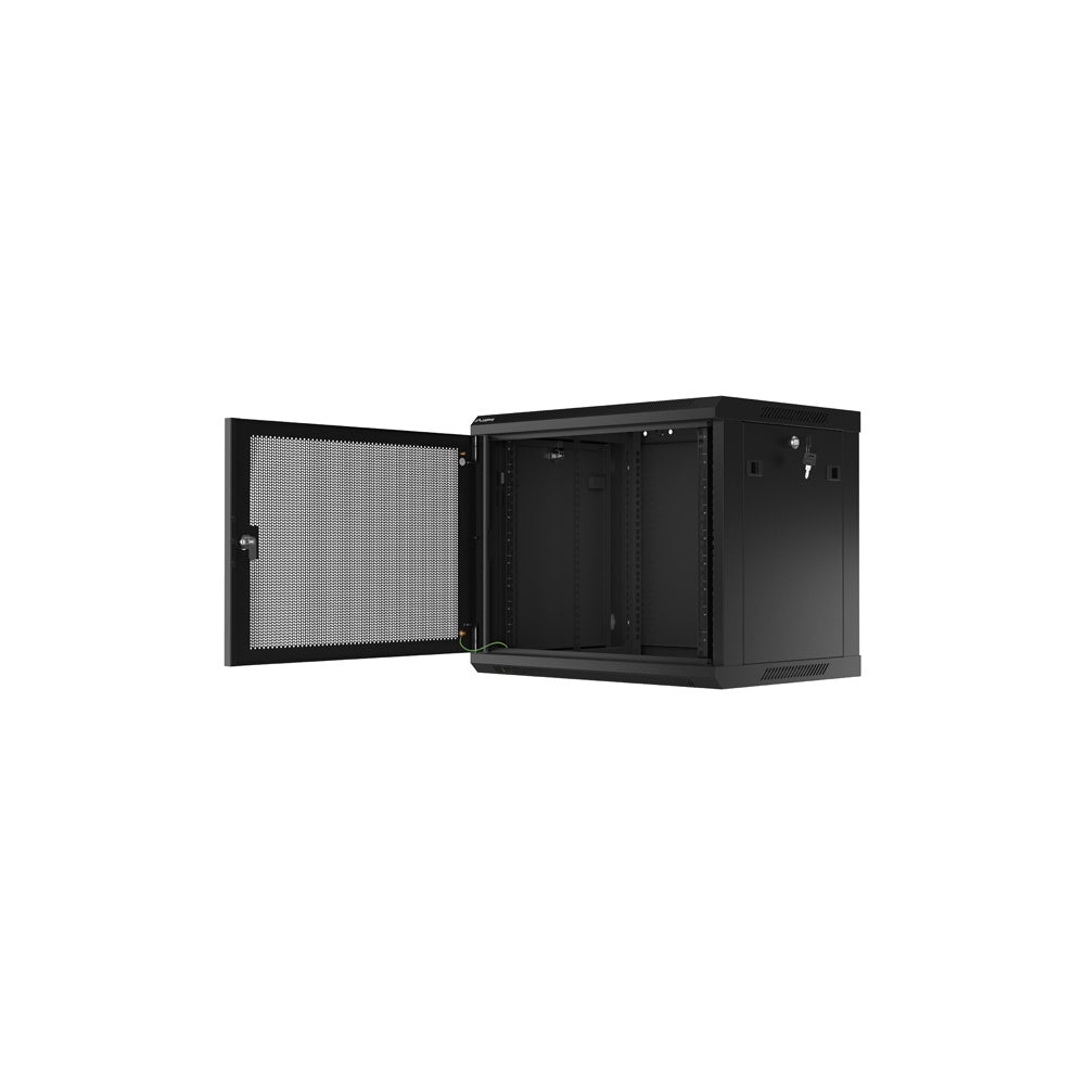 Armoire réseau murale 9U 19 pouces avec porte ouverte montrant les rails de montage internes