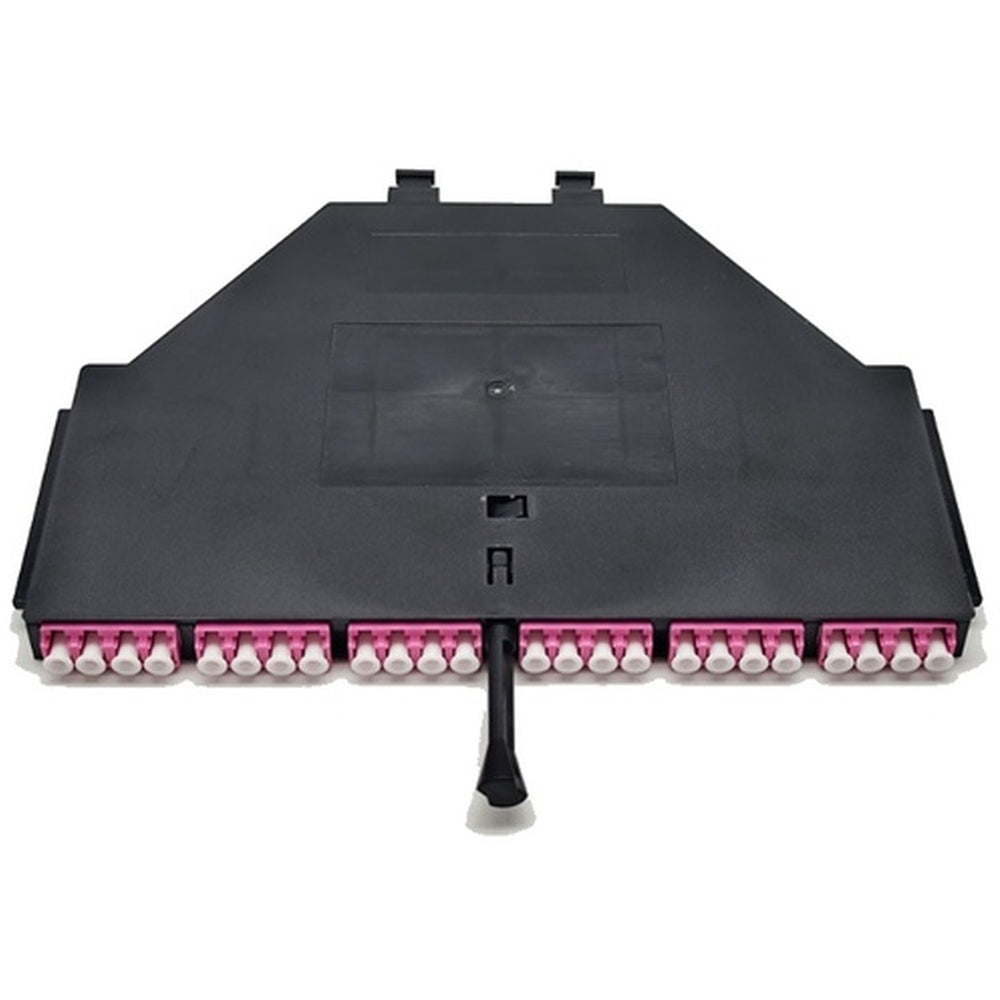 Cassette MPO CDOM4E2 OM4 avec dérivation 24 fibres, 2 x 12 connecteurs MPO mâle, 6 adaptateurs LC quad duplex et adaptateurs MPO intégrés pour panneaux de brassage fibre haute densité de centres de données