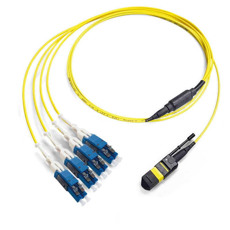 Câble fanout MTP/APC femelle vers 4x LC duplex OS2 monomode fibre optique jaune LSZH 9/125 G.652.D breakout datacenter