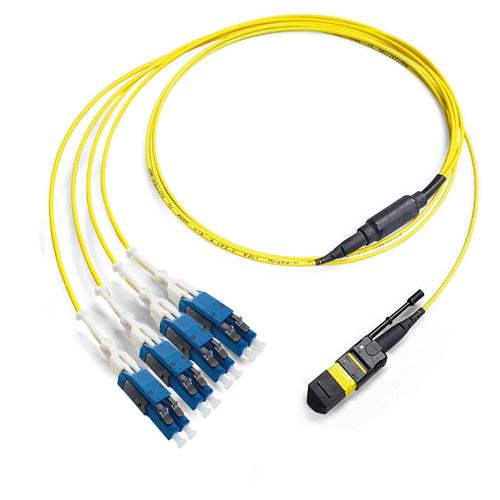 Câble fanout MTP/APC femelle vers 4x LC duplex OS2 monomode fibre optique jaune LSZH 9/125 G.652.D breakout datacenter