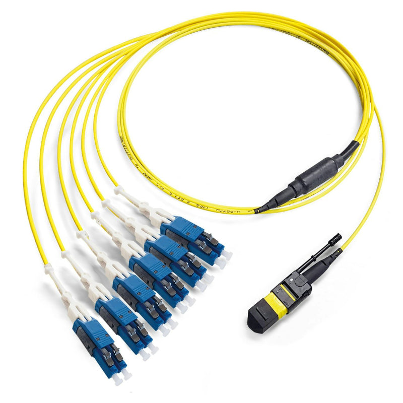 Câble fanout MTP/APC femelle vers 6x LC duplex OS2 monomode fibre optique jaune LSZH 9/125 G.652.D breakout datacenter
