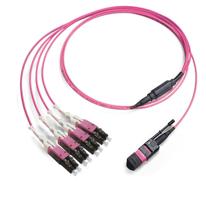 Câble fanout MTP/PC femelle vers 4x LC duplex OM4 multimode fibre optique magenta LSZH 50/125 breakout datacenter haute densité