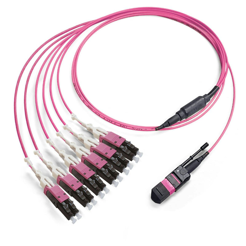Câble fanout MTP/PC femelle vers 6x LC duplex OM4 multimode fibre optique magenta LSZH 50/125 breakout datacenter haute densité