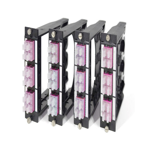 Module FO DCS 3U 7HP BO avec 6 adaptateurs LC quad pour fibre multimode OM4 50/125, panneau de brassage datacenter haute densité