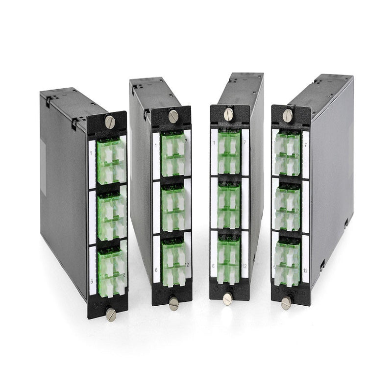 Module FO DCS 3U 7HP MTP avec 2 MTP vers 6 connecteurs LC quad APC pour fibre monomode OS2 9/125, panneau de brassage datacenter haute densité
