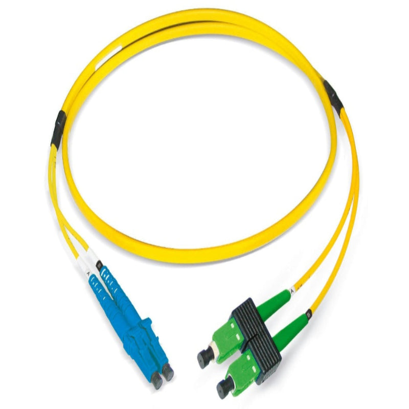 Cordon de brassage fibre optique duplex monomode LC/PC vers SC/APC OS2 jaune LSZH 9/125µm G.652.D Datwyler pour télécoms et datacenters