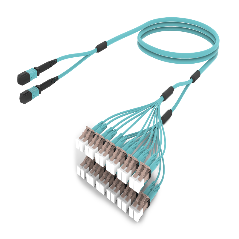 Câble fibre optique fanout OM4 MPO vers LC/UPC multimode, aqua LSZH, InstaPATCH 360 renforcé, MPO vers LC breakout pour datacenter haute densité