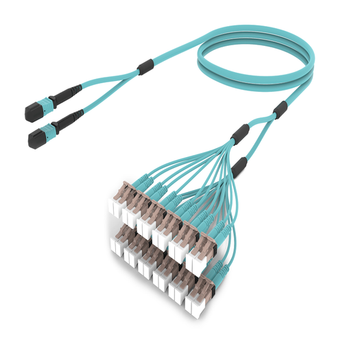 Câble fibre optique fanout OM4 MPO vers LC/UPC multimode, aqua LSZH, InstaPATCH 360 renforcé, MPO vers LC breakout pour datacenter haute densité