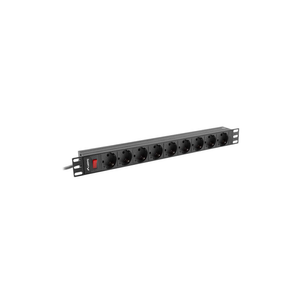 Angled view of 19 inch 1U rackmount PDU with 9 Schuko outlets and power switch for server rack power distribution