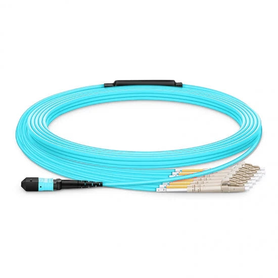 Câble de dérivation fibre optique MTP-12 femelle vers 6x LC duplex OM4 multimode aqua LSZH 50/125 elite 12 fibres cordon MTP vers LC pour connectivité haute densité en centre de données