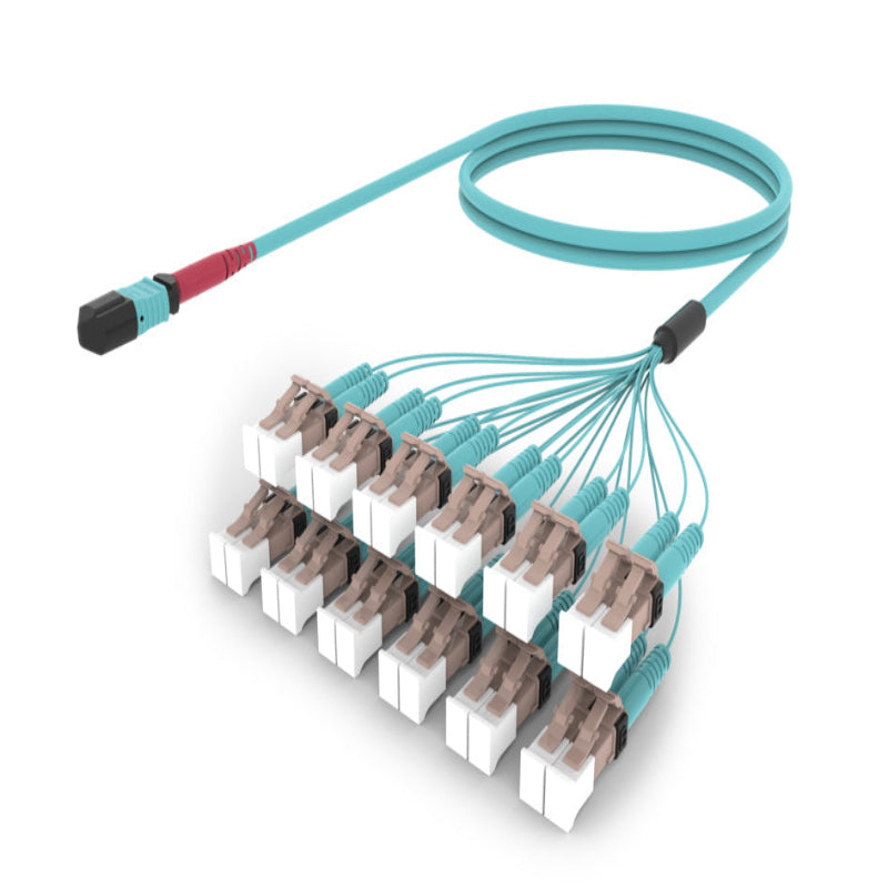 Ultra Low Loss ULL OM4 MPO24 sans broches LC/UPC cordon fibre optique 24 fibres multimode datacenter connectivité réseau aqua disponible en 3m, 5m, 7m, 10m, 15m, 20m, 25m