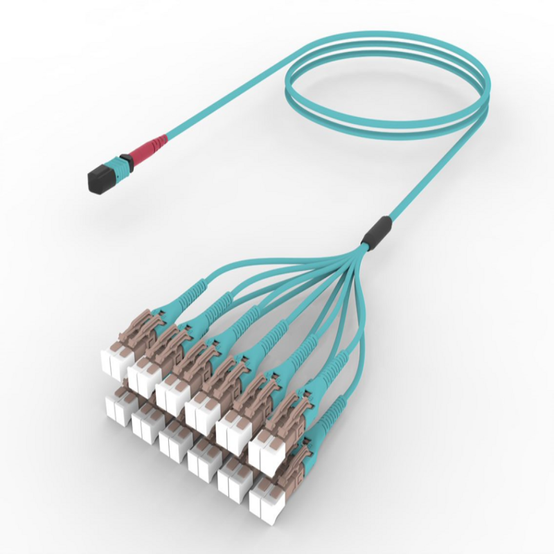 Câble breakout MPO-24 vers LC/UPC fibre optique multimode OM4 aqua LSZH Ultra Low Loss 24 fibres MPO vers LC uniboot cordon de brassage datacenter haute densité