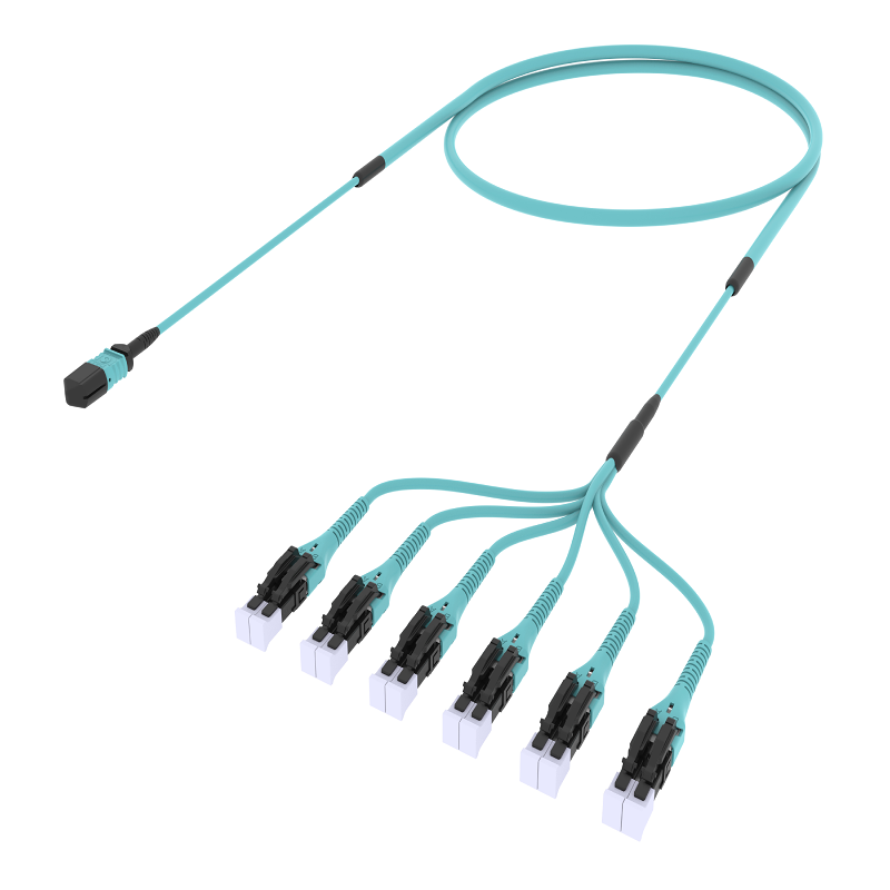 Câble fibre optique fanout MPO-12 vers LC/UPC OM4 multimode, aqua LSZH, Ultra Low Loss LazrSPEED 550 renforcé, MPO vers LC Uniboot breakout pour datacenter haute densité