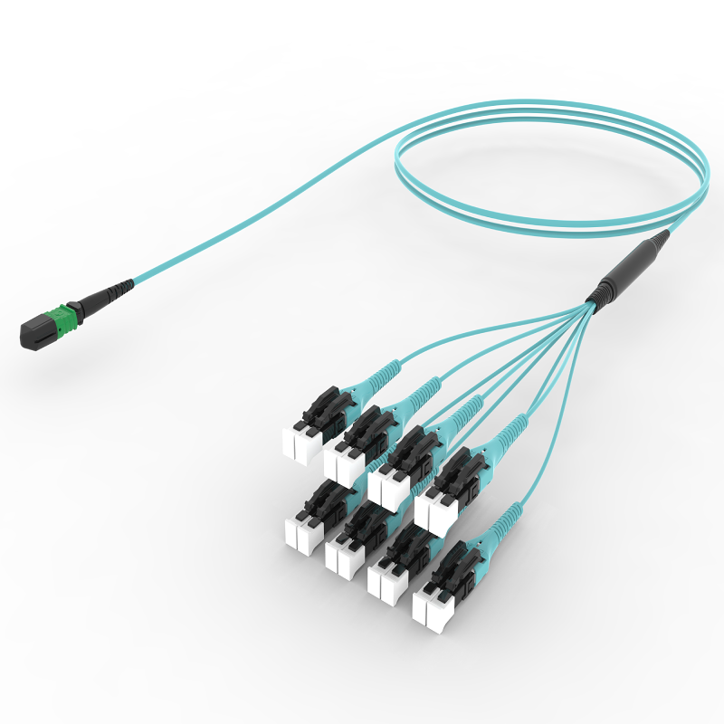 Câble fibre optique array MPO-16 APC vers LC/UPC OM4 multimode Uniboot, aqua LSZH, Ultra Low Loss 16 fibres pour datacenter haute densité