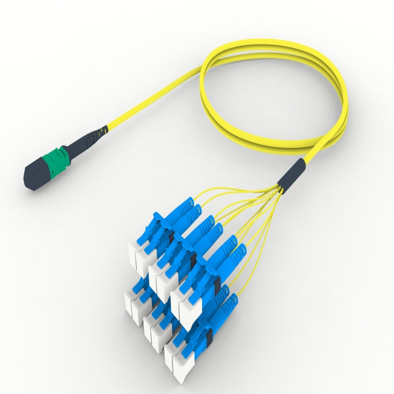 Câble fanout fibre optique MTP/APC femelle vers 4x LC/APC duplex OS2 monomode jaune LSZH 9/125 G.652.D breakout datacenter